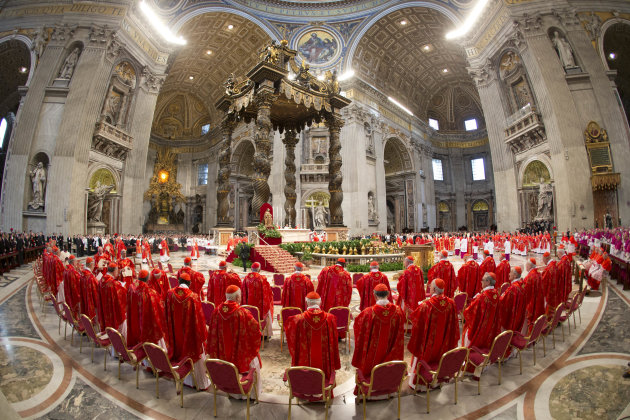 Cardinals attend a Mass for the election of a new pope celebrated by Cardinal Angelo Sodano inside St. Peter's Basilica, at the Vatican, Tuesday, March 12, 2013. Cardinals enter the Sistine Chapel on Tuesday to elect the next pope amid more upheaval and uncertainty than the Catholic Church has seen in decades: There's no front-runner, no indication how long voting will last and no sense that a single man has what it takes to fix the many problems. (AP Photo/Andrew Medichini)