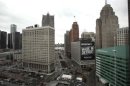 A view of downtown Detroit is seen, including a building with a "Made In Detroit" banner recently acquired by Rock Financial and Quicken Loans founder Gilbert, looking south along Woodward Avenue in Detroit