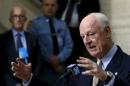 UN mediator for Syria de Mistura gestures during a news conference after a meeting with the Syrian HNC during peace talks in Geneva