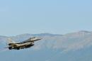 An F-16 Fighting Falcon departs Aviano Air Base, Italy enroute to Incirlik Air Base, Turkey, in support of Operation Inherent Resolve