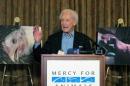 Bob Barker, former host of “The Price is Right” and a longtime animal rights advocate, speaks during a news conference in downtown Los Angeles on Wednesday, June 17, 2015. Barker criticized poultry producer Foster Farms after an animal-rights group released video showing chickens being slammed upside-down into shackles, punched and having their feathers pulled out while still alive. California-based Foster Farms says it has suspended five employees. (AP Photo/Amanda Lee Myers)