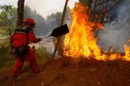 Dos personas han muerto en las tareas de extinción de un incendio declarado el domingo en Alicante, dentro de una oleada de fuegos forestales en España. En la imagen, un bombero intenta controlar un incendio forestal en la localidad de Torremanzanas, cerca de Alicante, en el este de España, el 12 de agosto de 2012. REUTERS/Stringer
