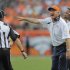 Denver Broncos head coach John Fox, right, shouts to the referee in the fourth quarter of an NFL football game against the Houston Texans, Sunday, Sept. 23, 2012, in Denver. (AP Photo/Jack Dempsey)