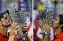 ADVANCE FOR WEEKEND EDITIONS, AUG. 29-30 - FILE - At left, in a Sept. 12, 2011, file photo, Novak Djokovic of Serbia kisses the trophy after winning the championship match against Rafael Nadal at the U.S. Open tennis tournament in New York. At right, in a Sept. 8, 2008, file photo, Roger Federer, of Switzerland, kisses the trophy after winning the championship match against Andy Murray at the U.S. Open tennis tournament in New York. Djokovic is the No. 1 seed for the 2015 U.S. Open. Federer is seeded second. (AP Photo/File)