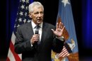 Hagel speaks to service members and civilian employees on his first day in his new post at the Pentagon in Arlington, Virginia