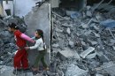 Palestinian girls run away after an Israeli air strike on a house in the northern Gaza Strip