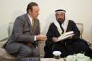 In this Jan. 25, 2015 photo made available by Emirates News Agency, WAM, Sheik Sultan bin Mohammed Al Qasimi, Ruler of Sharjah, right, meets with by Kevin Spacey in Sharjah, United Arab Emirates. Kevin Spacey skipped the SAG awards to watch 34 young aspiring actors from across the Arab world perform a play as part of his foundation's Home Grown initiative supporting local talent. After two weeks of intensive training, the actors performed a play set in a fictional refugee camp where issues of poverty, corruption, love and hope were acted out on a theater before an intimate gathering that included Al Qasimi. The cast, all 25 years-old or younger, hail from war-torn Syria, Egypt, Yemen, Lebanon and across the Arab world, and for many it was the first time they had ever left their home countries or been given support to hone their craft. (AP Photo/WAM)