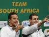 Olympic gold medalist swimmers Cameron van der Burgh and Chad le Clos are welcomed by fans in Johannesburg