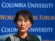 Myanmar's Aung San Suu Kyi speaks in Low Memorial Library at Columbia University in New York. Suu Kyi expressed a desire Saturday to see her country complete its transition to democracy and become a nation of hope
