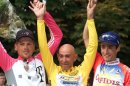 File picture of Tour de France winner Pantani, second placed Ullrich and third placed Julich celebrate on the podium following final stage of the Tour de France cycling race of the Tour de France cycling race