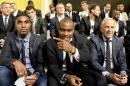 (from L) Lille's French defender Franck Beria, Lille's Nigerian goalkeeper Vincent Enyeama and Lille's French coach Rene Girard take part in a TV show "Canal Football Club" on May 11, 2014 in Paris