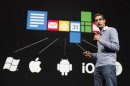 Sundar Pichai, senior vice president of Google Chrome, speaks during Google I/O Conference at Moscone Center in San Francisco, California