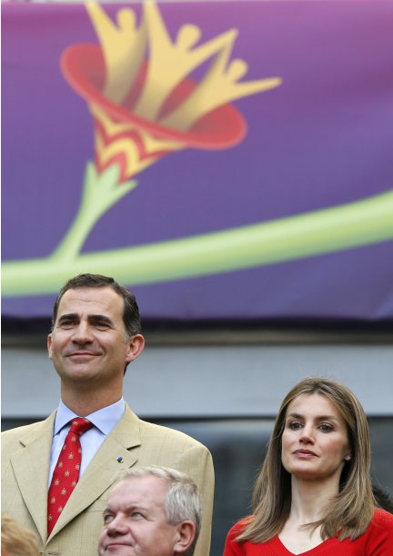 Spain's Crown Prince Felipe and Princess Letizia wait for the start of their Group C Euro 2012 soccer match between Spain and Italy in Gdansk