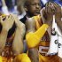 Tennessee guards Jordan McRae, right, and Quinton Chievous react after Alabama defeated Tennessee in an NCAA college basketball game at the Southeastern Conference tournament on Friday, March 15, 2013, in Nashville, Tenn. Alabama won 58-48. (AP Photo/John Bazemore)