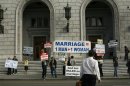 Supporters of Proposition 8 ban on gay marriage protest outside the California Supreme Court in San Francisco, California before a hearing on the initiative