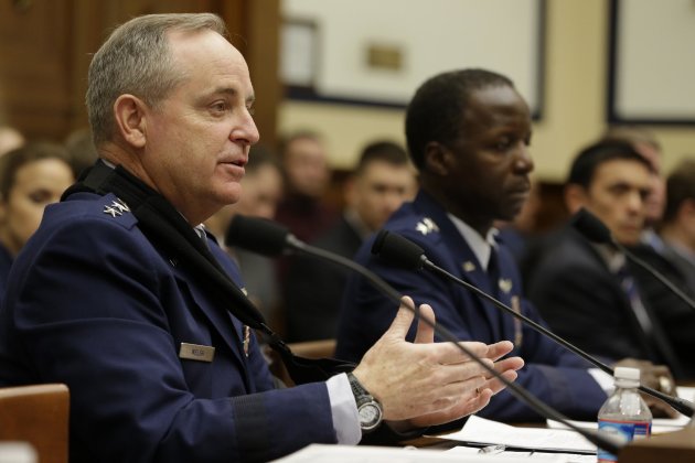 Air Force Chief of Staff Gen. Mark Welsh III, left, and Air Force Gen. Edward Rice, Jr., testifies on Capitol Hill in Washington, Wednesday, Jan. 23, 2013, before a House Armed Services Committee hearing on sexual misconduct by basic training instructors at Lackland Air Force Base. (AP Photo/Jacquelyn Martin)