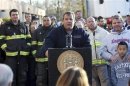 Handout photo of Governor Chris Christie holds a press conference at a Relief Center at the Joseph R. Bolger Middle School in the wake of Hurricane Sandy in Keansburg