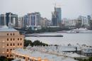A general view shows the harbour area in Baku on June 9, 2015