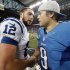 Indianapolis Colts quarterback Andrew Luck (12) and Detroit Lions quarterback Matthew Stafford (9) shake hands after their NFL football game at Ford Field in Detroit, Sunday, Dec. 2, 2012. The Colts defeated the Lions 35-33. (AP Photo/Paul Sancya)