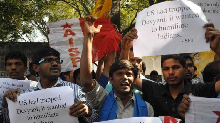 Members of The All India Students Federation (AISF) protest in front of the US consulate in Hyderabad on December 19, 2013, following the arrest of New York-based Indian diplomat Devyani Khobragade