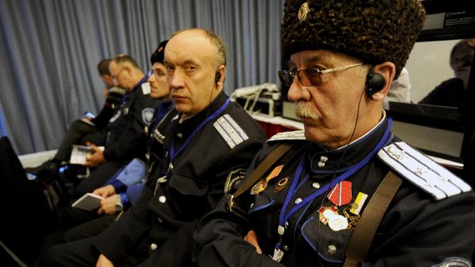 Cossacos participar do Fórum russo Conservador Internacional em São Petersburgo em 22 março de 2015