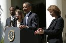 Obama speaks from the Rose Garden of the White House to announce his three nominees to fill vacancies on the United States Court of Appeals for the District of Columbia in Washington