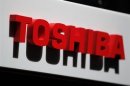 The logo of Toshiba Corp is seen at the company's news conference venue in Tokyo