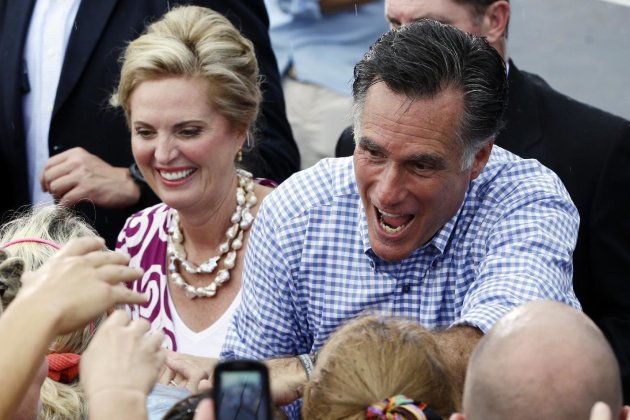 Republican presidential candidate and former Massachusetts Gov. Mitt Romney and wife Ann campaign at Tradition Town Square in Port St. Lucie, Fla., Sunday, Oct. 7, 2012. (AP Photo/Charles Dharapak)