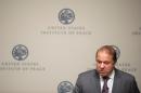 Pakistani Prime Minister Nawaz Sharif speaks at the US Institute of Peace in Washington, DC, October 22, 2013