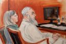 In this Jan. 20, 2015, file courtroom sketch, Khaled al-Fawwaz, right, a defendant in the 1998 bombings of the U.S. embassies in Kenya and Tanzania that killed 224 people, is seated next to his defense attorney, Barbara O'Connor, during jury selection in Manhattan Federal Court. The aide to Osama bin Laden faces up to life in prison when he is sentenced after his conviction Friday, May 15. (AP Photo/Elizabeth Williams, File)