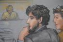 Courtroom sketch shows Boston Marathon bombing suspect Tsarnaev during the jury selection process in his trial at the federal courthouse in Boston