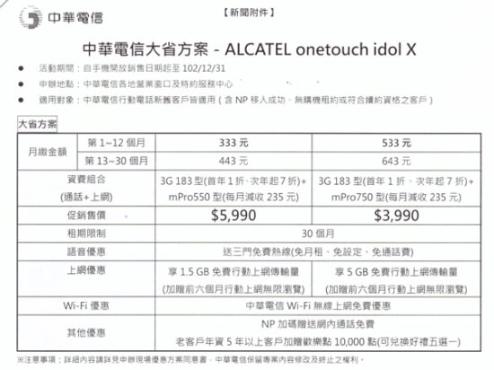 中華電信 Alcatel onetouch idol X 方案