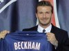 Soccer player Beckham present his new jersey after a news conference in Paris