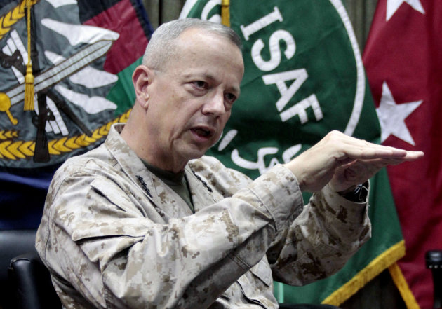 FILE - This July 22, 2012, file photo shows U.S. Gen. John Allen, top commander of the NATO-led International Security Assistance Forces (ISAF) and U.S. forces in Afghanistan, during an interview with The Associated Press in Kabul, Afghanistan. The Pentagon says Gen. John Allen is under investigation for alleged "inappropriate communications" with Jill Kelley, the woman who is said to have received threatening emails from Paula Broadwell, the woman with whom former CIA Director David Petraeus had an extramarital affair. Defense Secretary Leon Panetta says the FBI referred the matter to the Pentagon on Sunday, Nov. 11, 2012. Panetta says he ordered a Pentagon investigation of Allen on Monday. (AP Photo/Musadeq Sadeq, File)