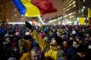 A man holds a Romanian national flag during a demonstration to protest against controversial decrees to pardon corrupt politicians and decriminalise other offences, on January 29, 2017 in Bucharest
