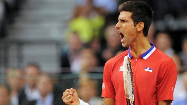 Serbia's Novak Djokovic celebrates during his Davis Cup match with Canada's Milos Raonic (AFP)