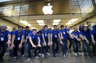 <p>               FILE-In this Friday, March 16, 2012, photo, Apple employees welcome hundreds of customers in front of the Apple store at a shopping mall in Oberhausen, western Germany, as the new iPad goes on sale at the Apple store. On Monday, Aug. 20, 2012, Apple set a new record for the most valuable company at $621 billion, beating Microsoft's 1999 high. (AP Photo/Martin Meissner, File)