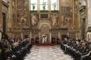 Pope Francis makes his speech during an audience with the diplomatic corps at the Vatican
