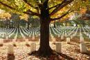 FILE - In this Oct. 28, 2010, file photo, fall leaves lay among the gravestones at Arlington National Cemetery in Arlington, Va. The cemetery gets between 3 and 4 million visitors a year. (AP Photo/Jacquelyn Martin, File )