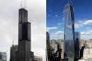 This combination made from file photos shows Willis Tower, formerly known as the Sears Tower, in Chicago on March 12, 2008, left, and One World Trade Center in New York on Sept. 5, 2013. Soaring above the city at 1,776 feet, 104-story One World Trade Center is in contention with Willis Tower for the title of America's tallest building. A committee of architects recognized as the arbiters on world building heights is meeting Friday Nov. 8, 2013 in Chicago to decide whether a design change affecting One World Trade Center's needle disqualifies its hundreds of feet from being counted, which would deny the building the title of nation's tallest giving the title to the 110 story Willis Tower at 1,450 feet. (AP Photo)