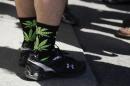 Socks with marijuana leaves are pictured at Cannabis City during the first day of legal retail marijuana sales in Seattle, Washington