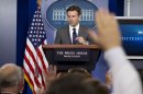 White House deputy press secretary Josh Earnest answers reporters questions in the briefing room of the White House in Washington, Thursday, Aug. 29, 2013, where he talked about Syria and the use of chemical weapons as the administration debates what action to take. (AP Photo/Jacquelyn Martin)