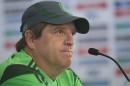 Mexico coach Miguel Herrera attends a press conference after running a training session in Mexico City, Wednesday, May 21, 2014. Mexico will play the World Cup in Brazil in Group A with Brazil, Croatia and Cameroon. (AP Photo/Christian Palma)