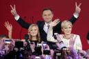 Duda, presidential candidate of the Law and Justice Party (PiS), his wife Agata and daughter Kinga flash Victory signs after the results of the exit polls on the second round of presidential elections in Warsaw