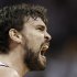 Memphis Grizzlies center Marc Gasol, of Spain, lets out a yell after scoring against the Los Angeles Clippers in the first half of Game 5 of a first-round NBA basketball playoff series, Wednesday, May 9, 2012, in Memphis, Tenn. (AP Photo/Mark Humphrey)