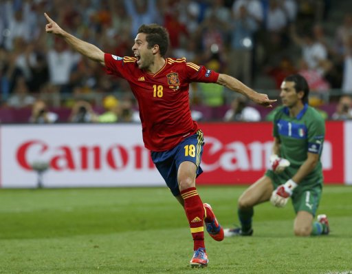 Spain's Alba celebrates goal against Italy during Euro 2012 final soccer match in Kiev