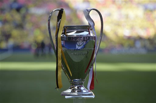 A view of the Champions League trophy, prior to the start of the Champions League Final soccer match between  Borussia Dortmund and Bayern Munich at Wembley Stadium in London, Saturday May 25, 2013