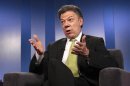 Colombia's President Juan Manuel Santos speaks during a Reuters interview at the presidential palace in Bogota