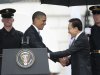 President Barack Obama welcomes South Korean President Lee Myung-bak during a state arrival ceremony on the South Lawn of the White House in Washington, Thursday, Oct., 13, 2011. (AP Photo/Pablo Martinez Monsivais