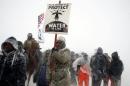 Veterans join activists in a march just outside the Oceti Sakowin camp during a snow fall as "water protectors" continue to demonstrate against plans to pass the Dakota Access pipeline adjacent to the Standing Rock Indian Reservation, near Cannon Ball